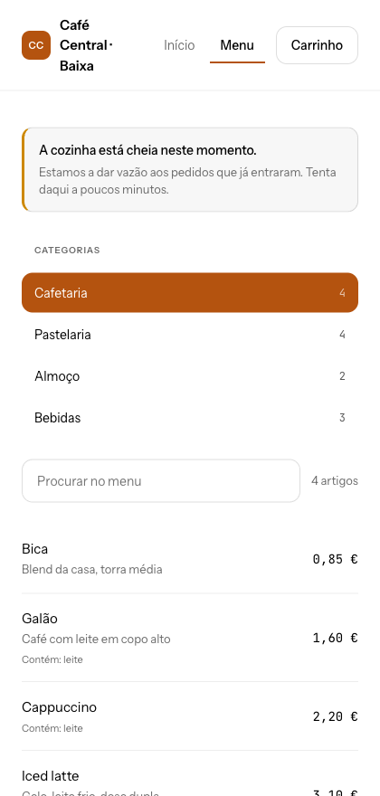 A loja online no telemóvel, com o menu por categorias e os preços